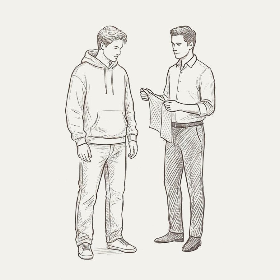 Pencil drawing of a customer collecting a finished piece