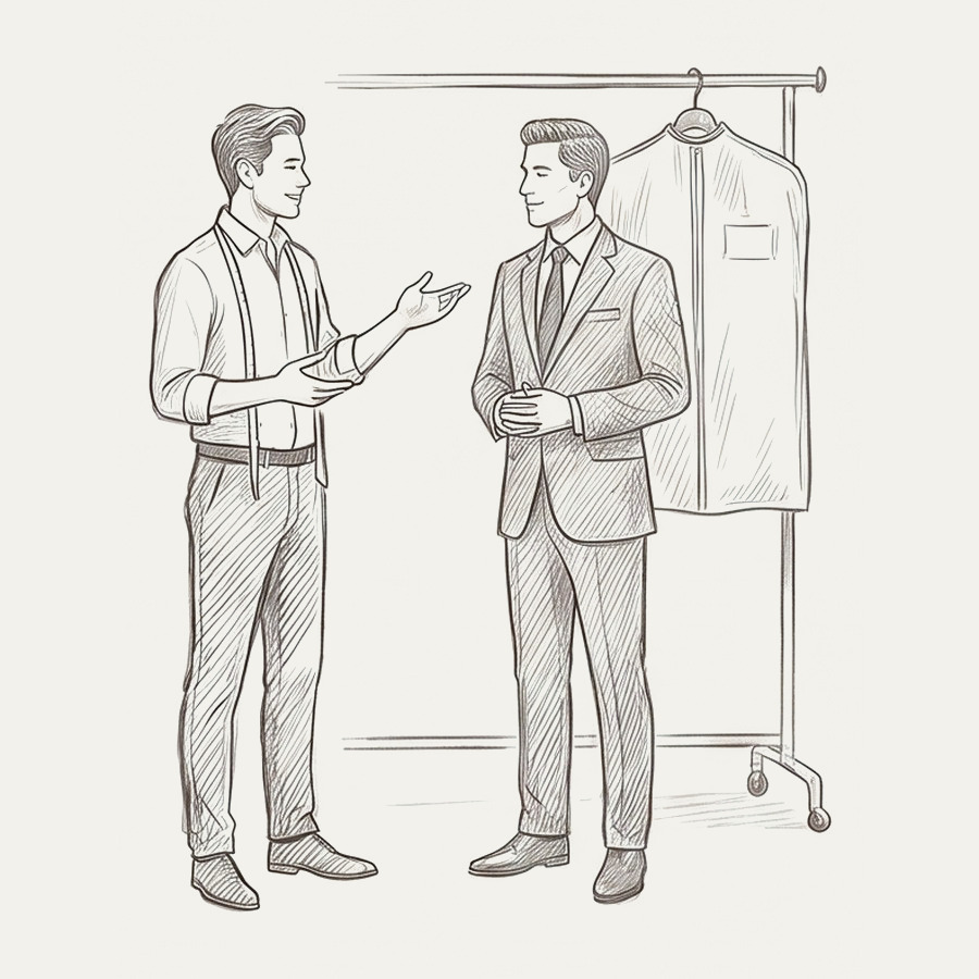 Pencil drawing of a tailor talking with a customer beside a suit on a rail
