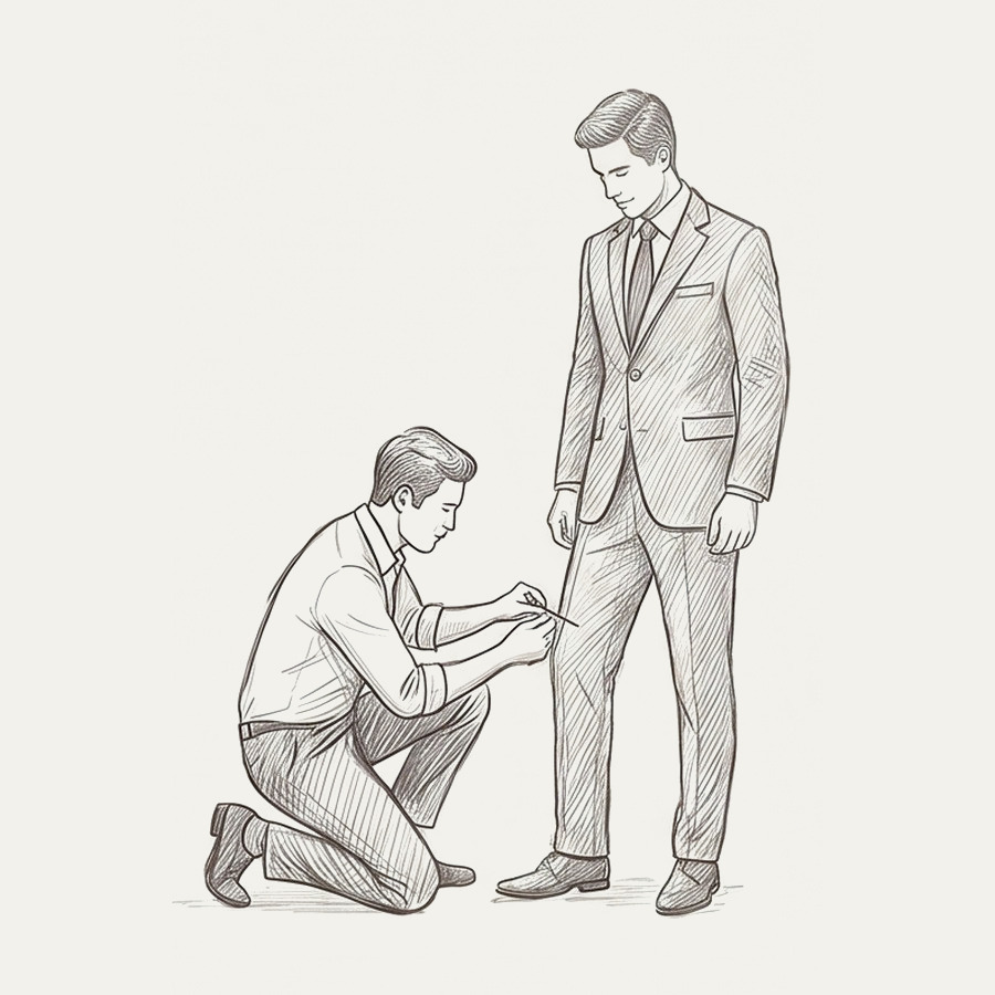 Pencil drawing of a tailor kneeling to pin a trouser hem