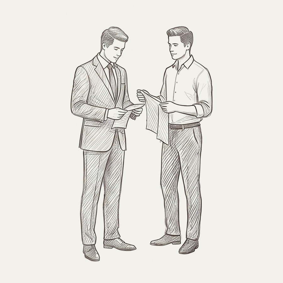 Pencil drawing of a customer collecting his finished suit
